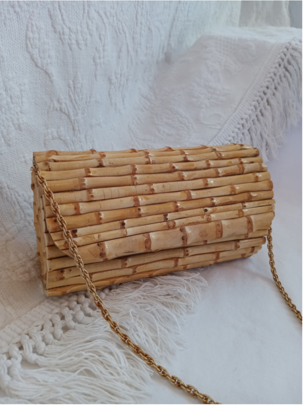 Ann Taylor Classic Bamboo Minaudière Clutch vintage 90s fun kitsch natural wood - Picture 2 of 11